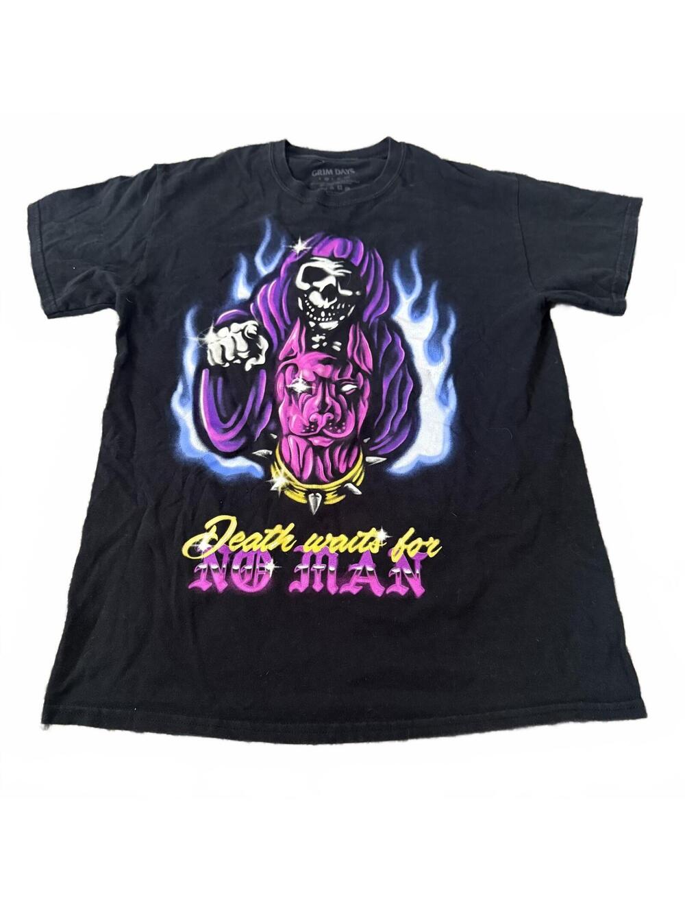 Grim Days Death Waits For No Man Graphic Tee Black Goth Punk Large Shirt